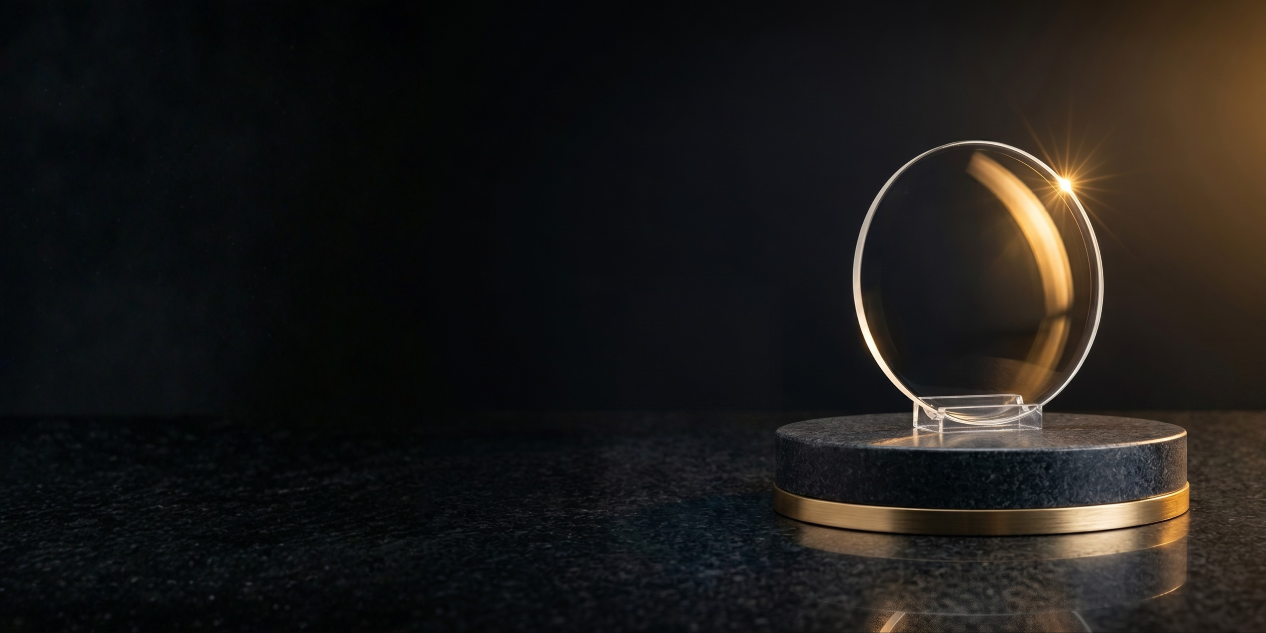 Lente oftálmica com tratamento AR Gold, reflexo dourado, sobre pedestal de mármore